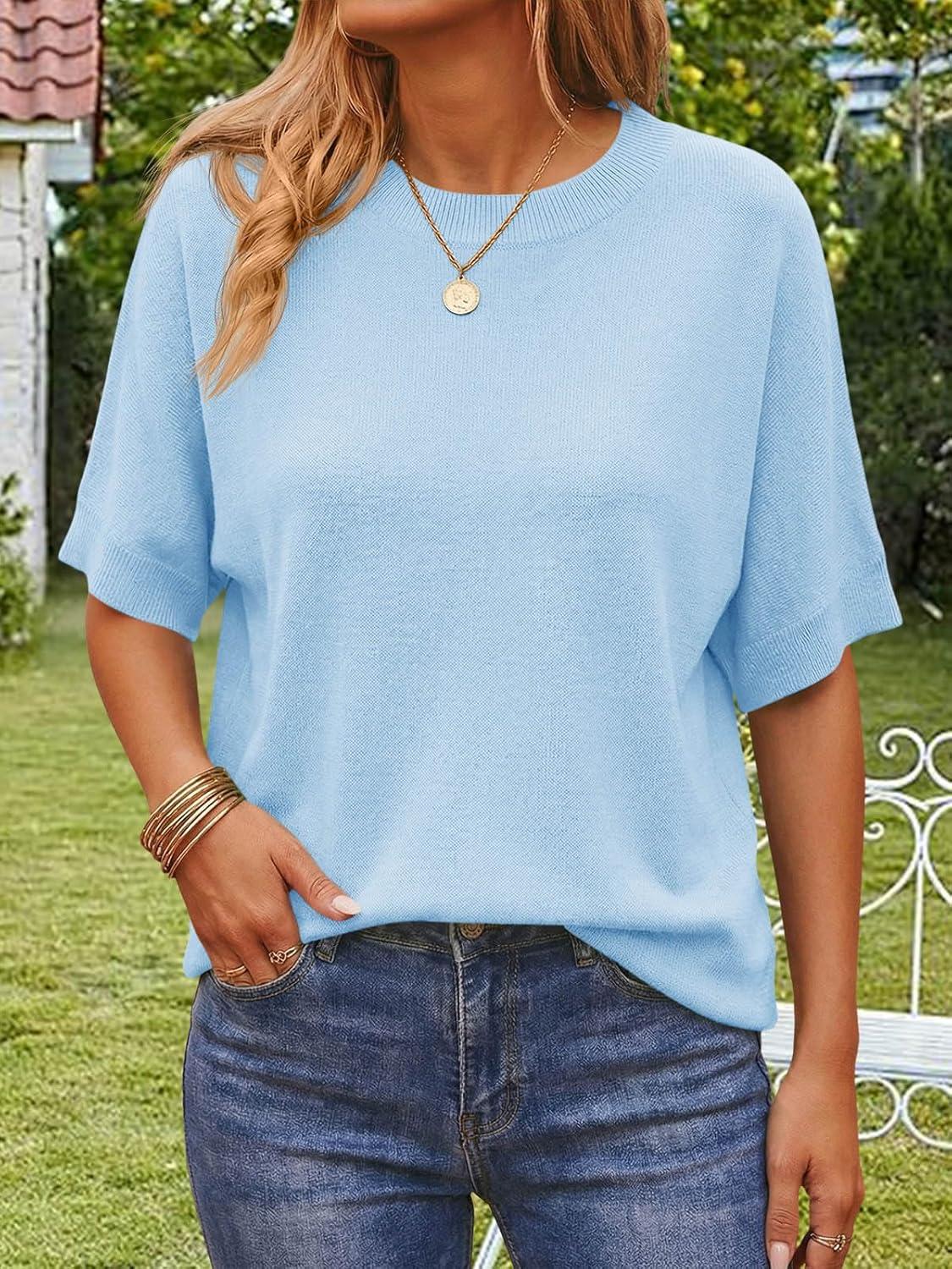 image:imageSaodimallsu Womens Short Batwing Sleeve Sweaters Oversized Crew Neck Casual Basic Knit Pullover Tops ShirtSky Blue