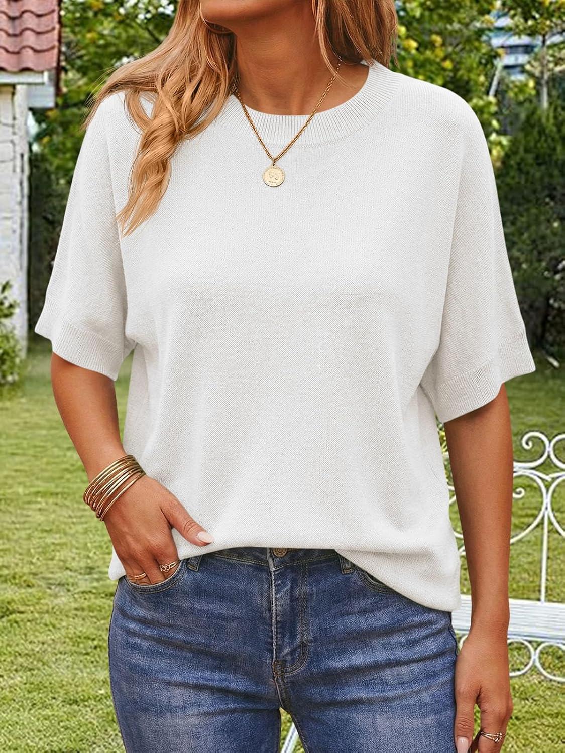 image:imageSaodimallsu Womens Short Batwing Sleeve Sweaters Oversized Crew Neck Casual Basic Knit Pullover Tops ShirtWhite