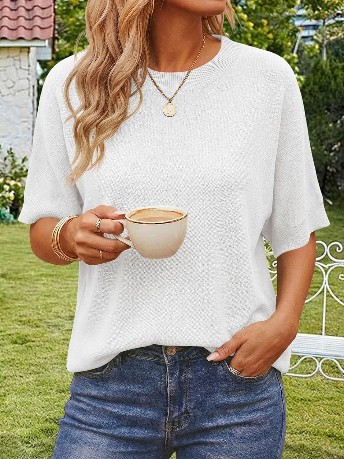 image:imageSaodimallsu Womens Short Batwing Sleeve Sweaters Oversized Crew Neck Casual Basic Knit Pullover Tops ShirtWhite
