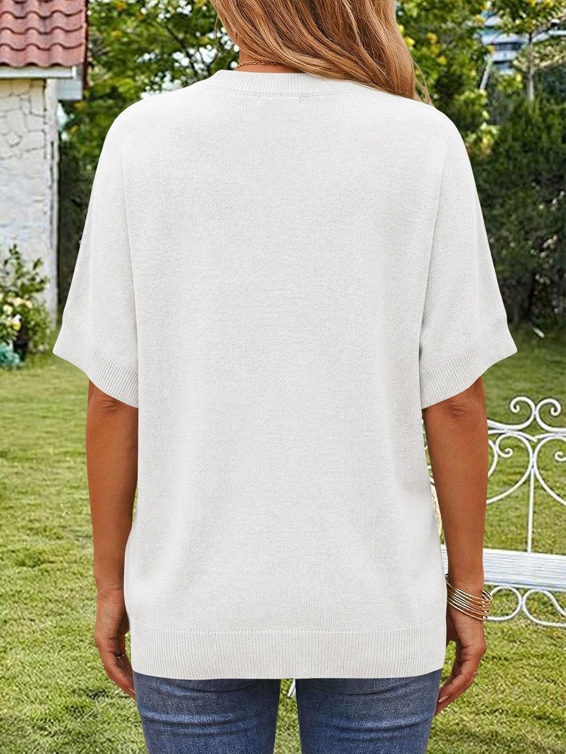 image:imageSaodimallsu Womens Short Batwing Sleeve Sweaters Oversized Crew Neck Casual Basic Knit Pullover Tops ShirtWhite