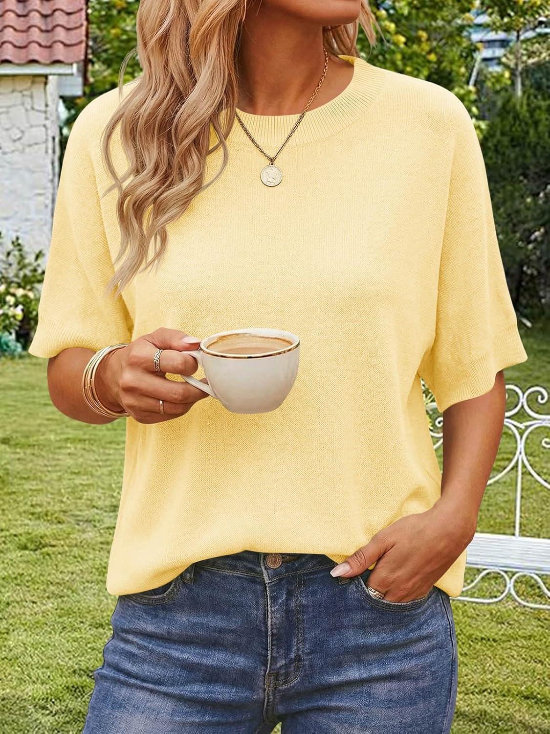 image:imageSaodimallsu Womens Short Batwing Sleeve Sweaters Oversized Crew Neck Casual Basic Knit Pullover Tops ShirtYellow