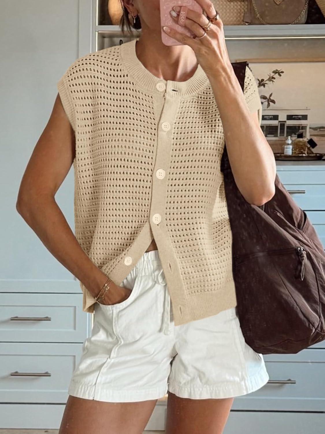 image:imageSaodimallsu Womens Short Cap Sleeve Sweater Vest Crochet Button Down Cardigans Crew Neck Summer Knit TopsApricot