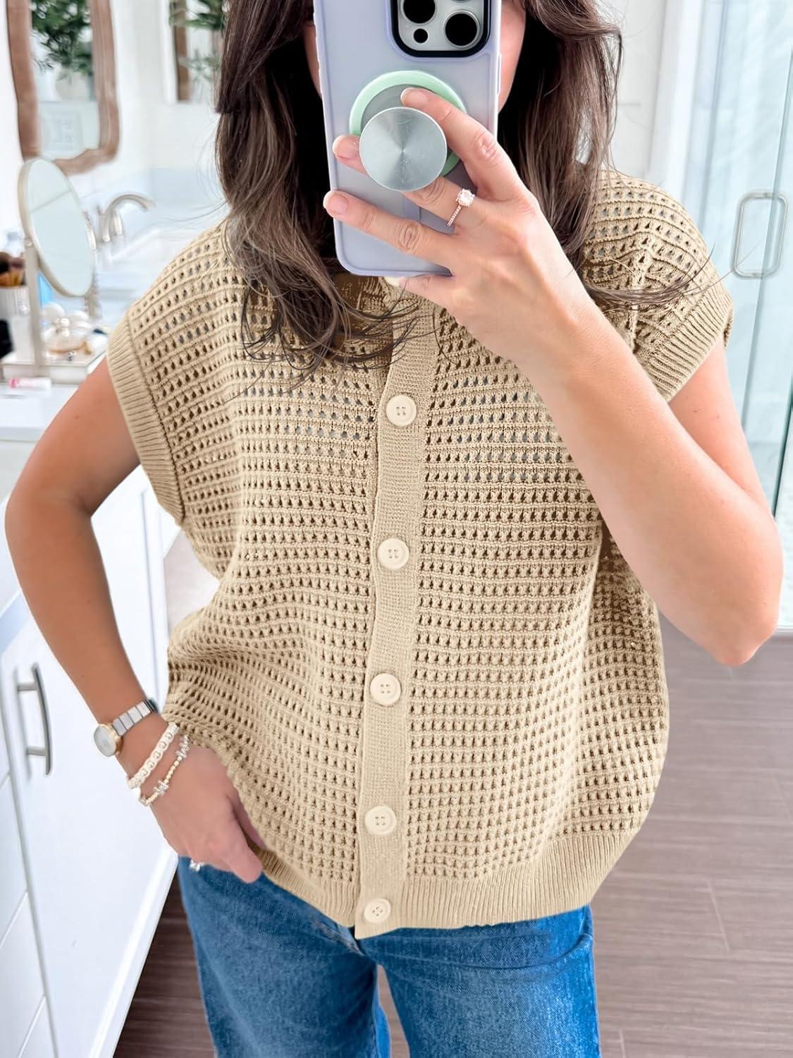 image:imageSaodimallsu Womens Short Cap Sleeve Sweater Vest Crochet Button Down Cardigans Crew Neck Summer Knit TopsApricot