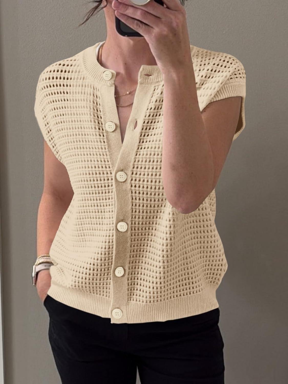 image:imageSaodimallsu Womens Short Cap Sleeve Sweater Vest Crochet Button Down Cardigans Crew Neck Summer Knit TopsApricot