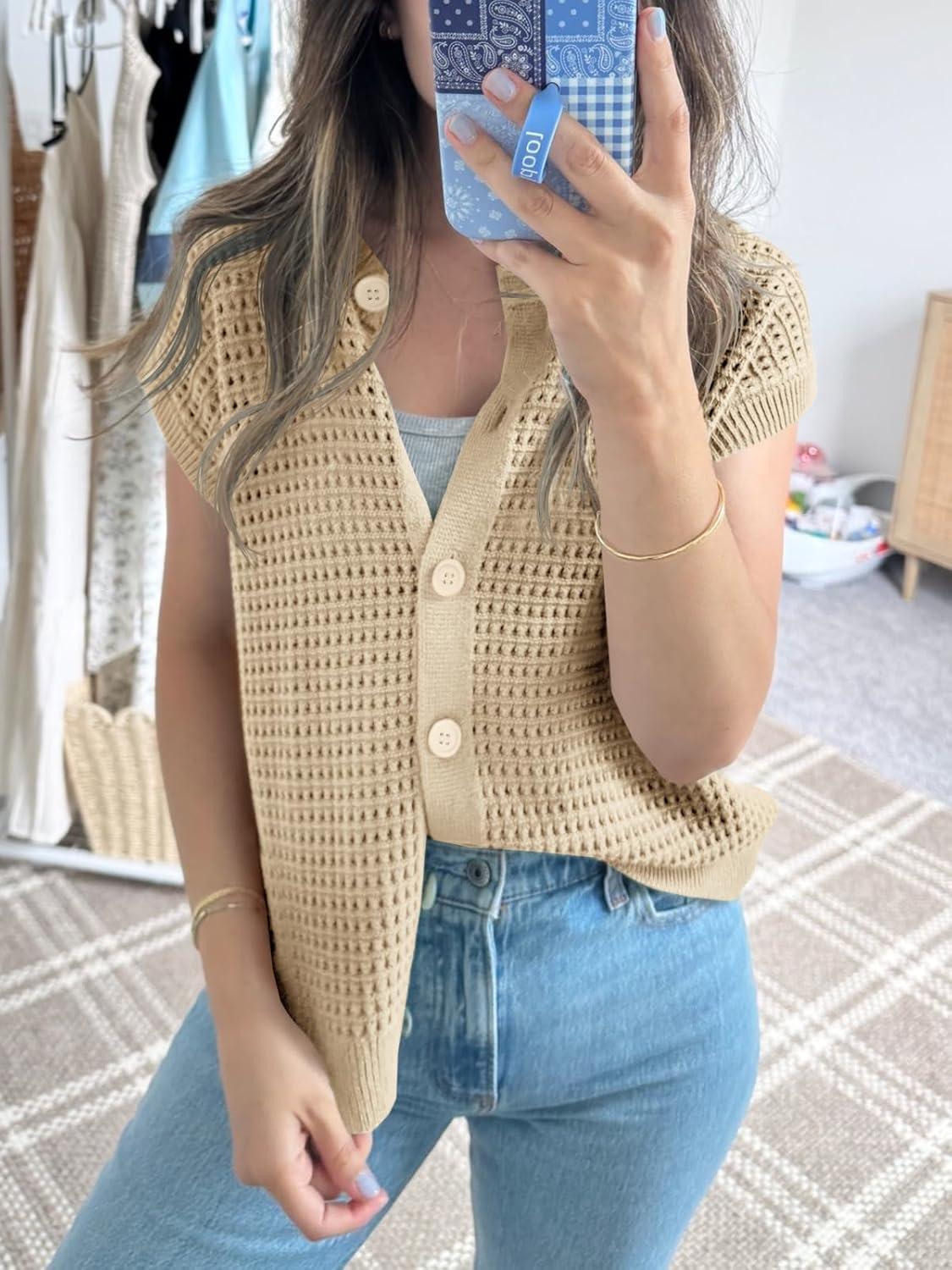 image:imageSaodimallsu Womens Short Cap Sleeve Sweater Vest Crochet Button Down Cardigans Crew Neck Summer Knit TopsApricot
