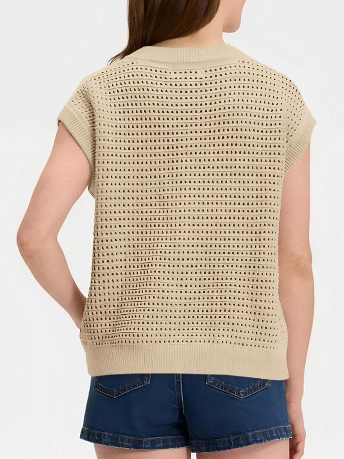 image:imageSaodimallsu Womens Short Cap Sleeve Sweater Vest Crochet Button Down Cardigans Crew Neck Summer Knit TopsApricot