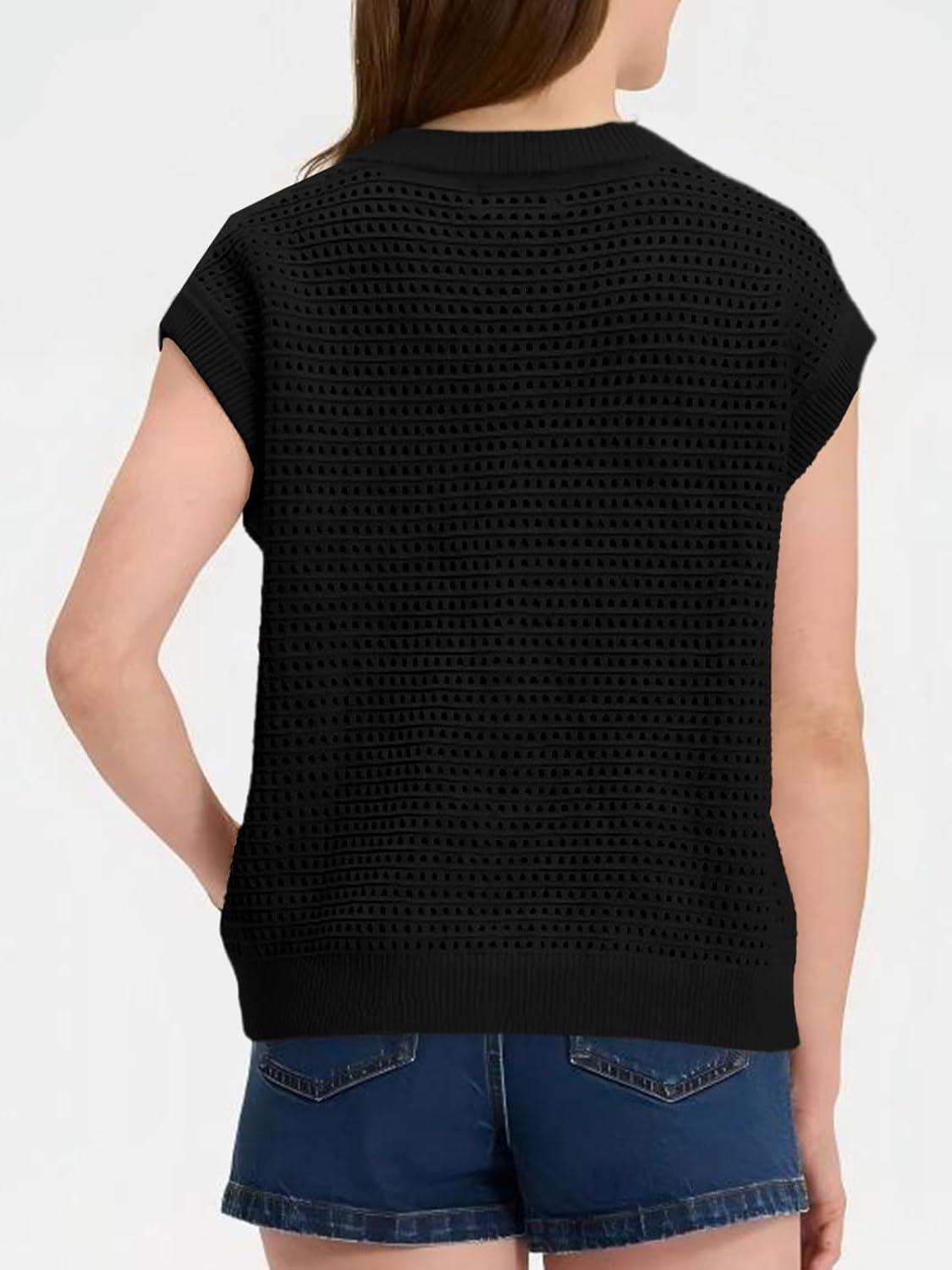image:imageSaodimallsu Womens Short Cap Sleeve Sweater Vest Crochet Button Down Cardigans Crew Neck Summer Knit TopsBlack