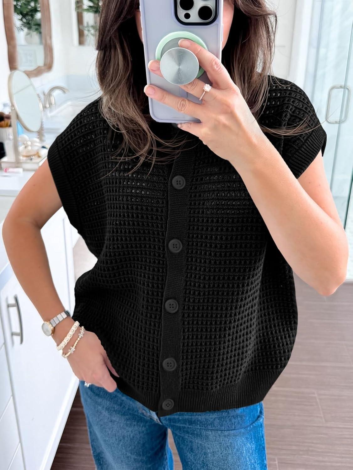 image:imageSaodimallsu Womens Short Cap Sleeve Sweater Vest Crochet Button Down Cardigans Crew Neck Summer Knit TopsBlack