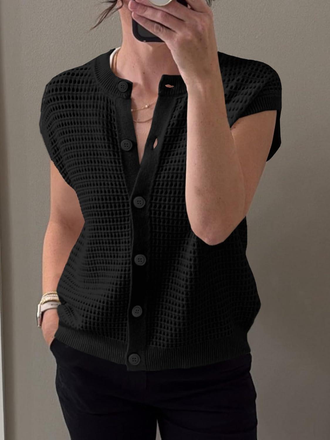 image:imageSaodimallsu Womens Short Cap Sleeve Sweater Vest Crochet Button Down Cardigans Crew Neck Summer Knit TopsBlack