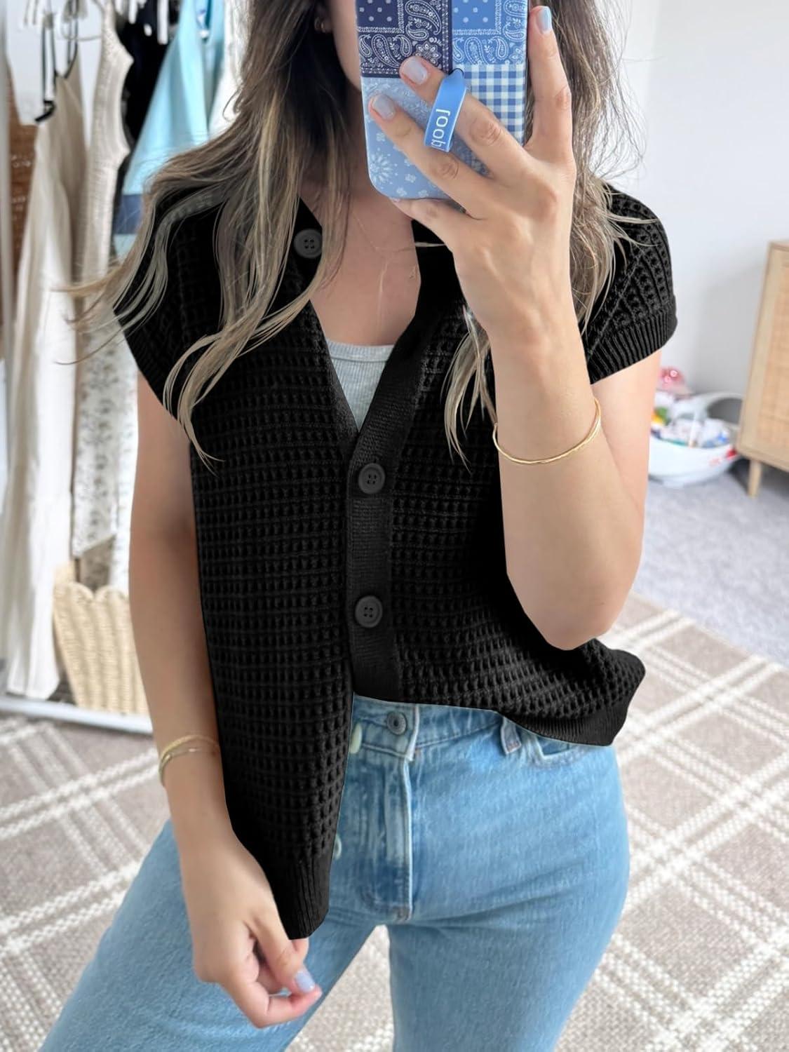image:imageSaodimallsu Womens Short Cap Sleeve Sweater Vest Crochet Button Down Cardigans Crew Neck Summer Knit TopsBlack