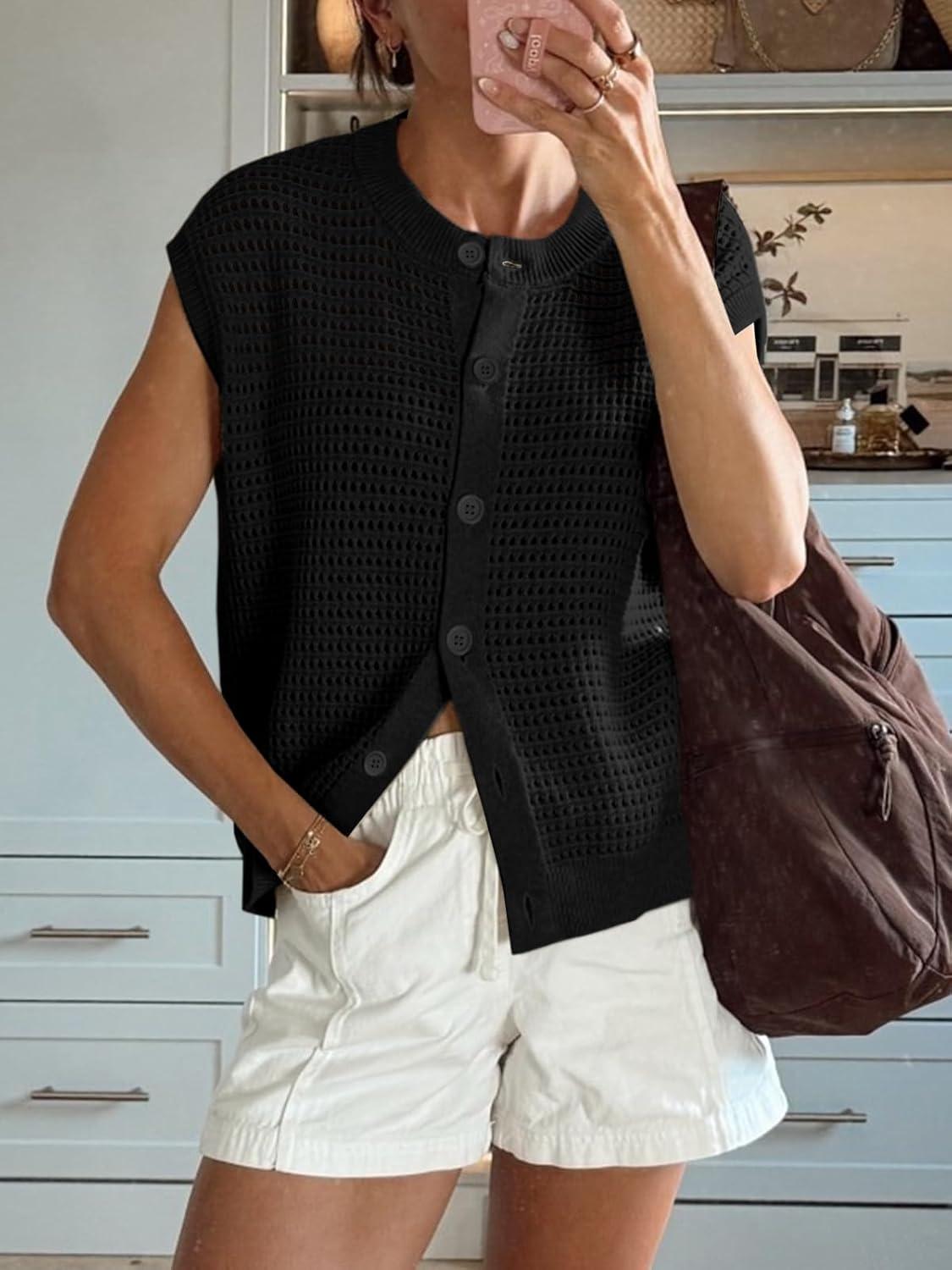 image:imageSaodimallsu Womens Short Cap Sleeve Sweater Vest Crochet Button Down Cardigans Crew Neck Summer Knit TopsBlack