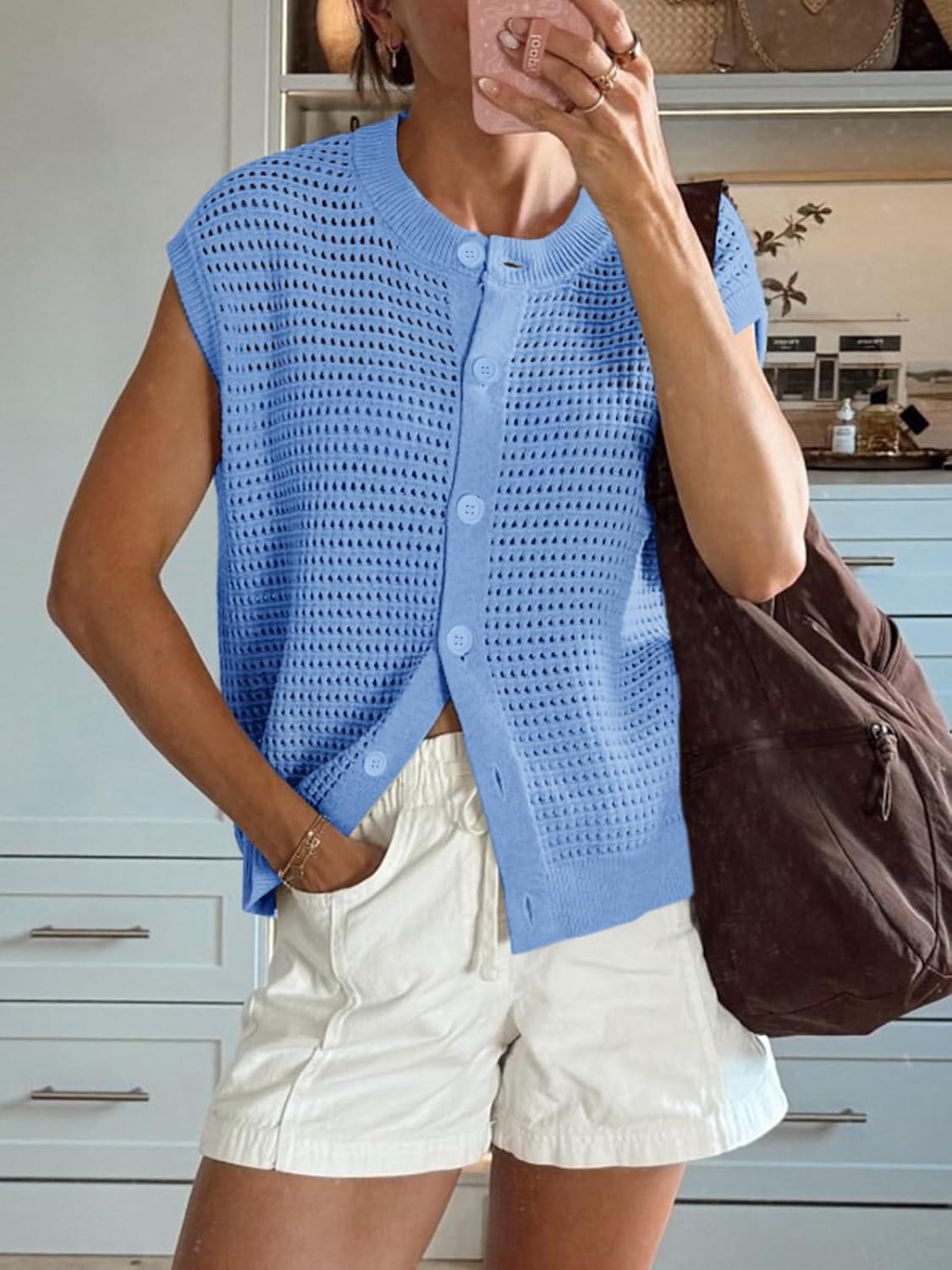 image:imageSaodimallsu Womens Short Cap Sleeve Sweater Vest Crochet Button Down Cardigans Crew Neck Summer Knit TopsBlue