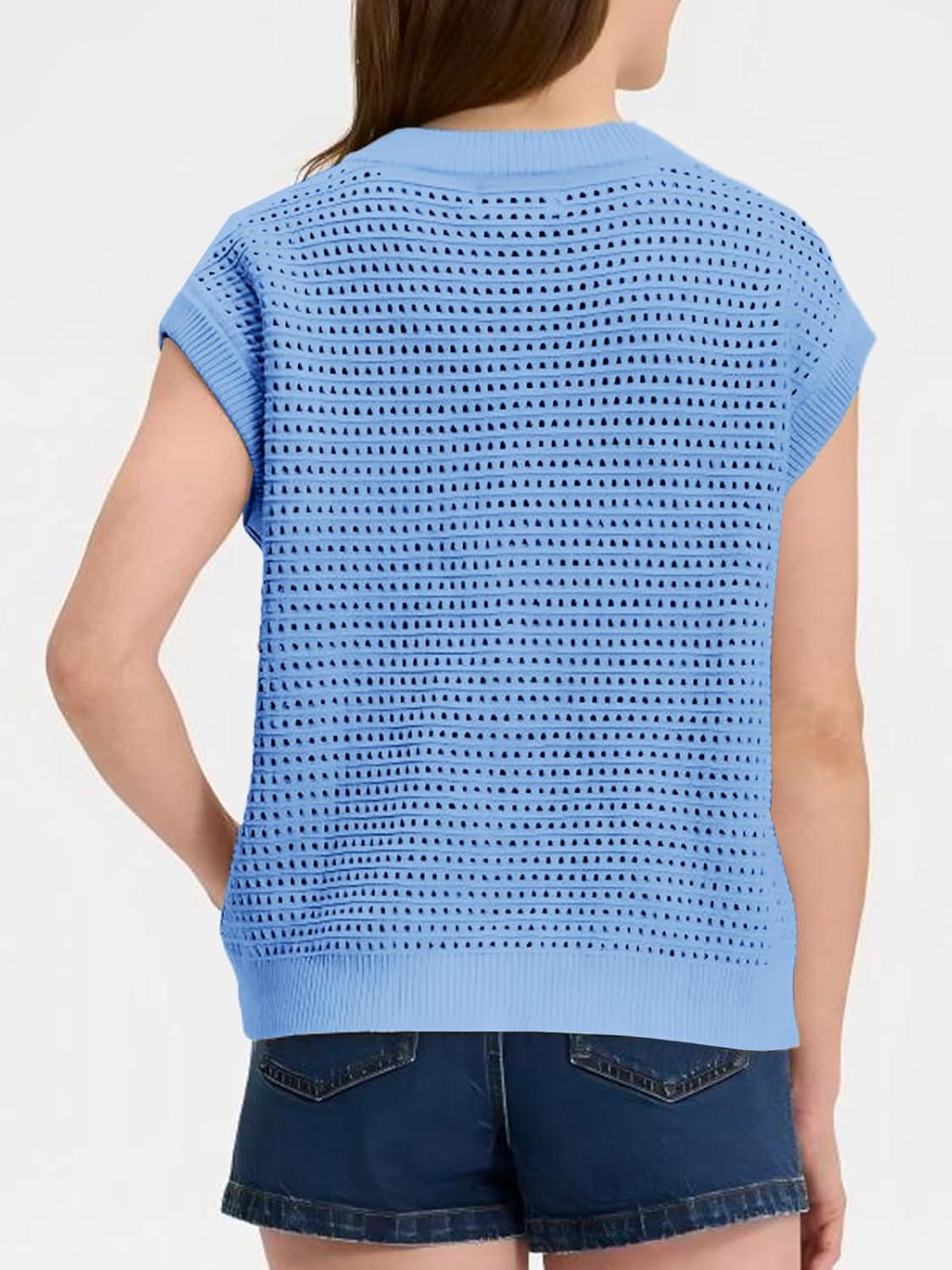 image:imageSaodimallsu Womens Short Cap Sleeve Sweater Vest Crochet Button Down Cardigans Crew Neck Summer Knit TopsBlue