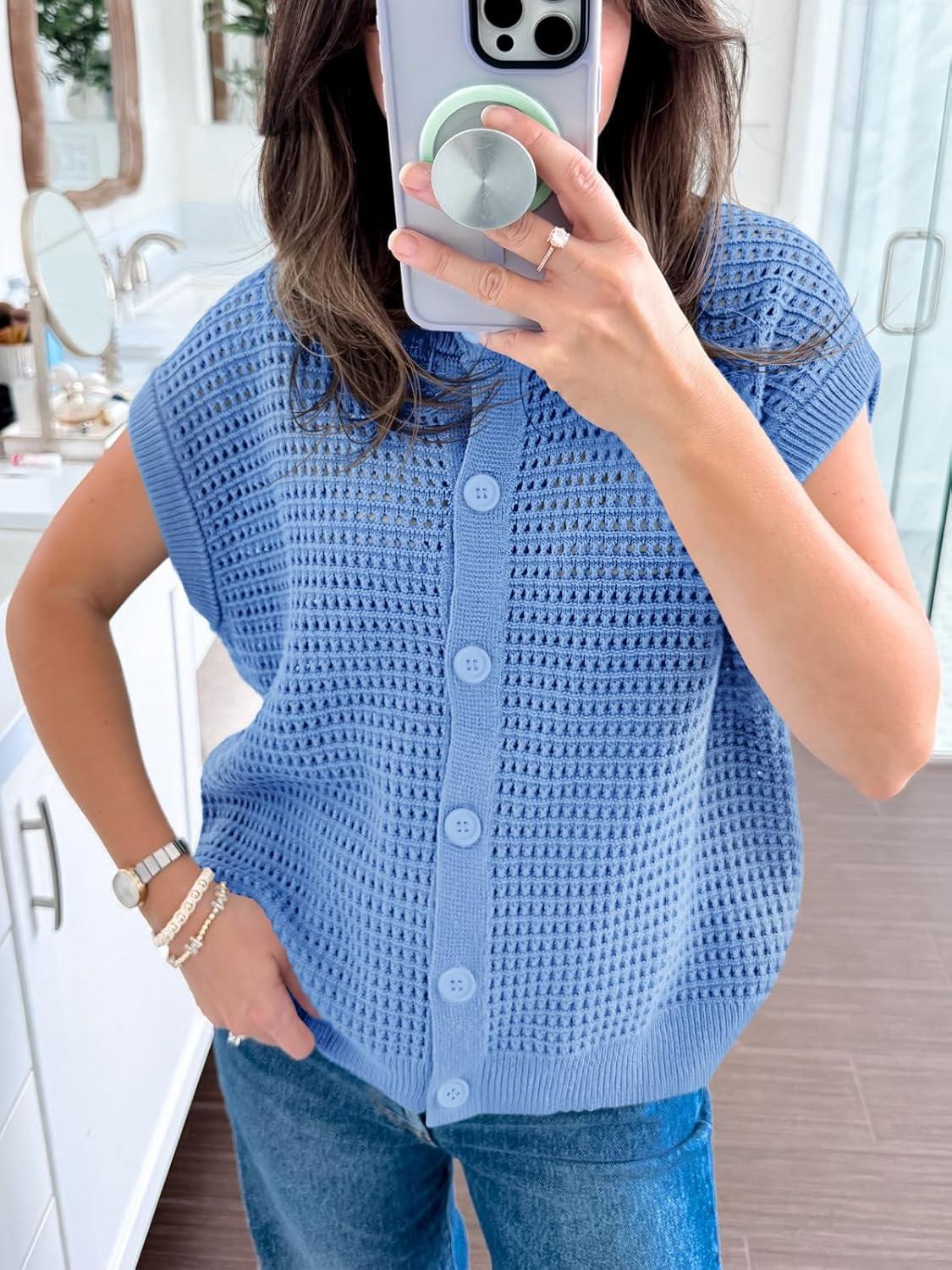 image:imageSaodimallsu Womens Short Cap Sleeve Sweater Vest Crochet Button Down Cardigans Crew Neck Summer Knit TopsBlue