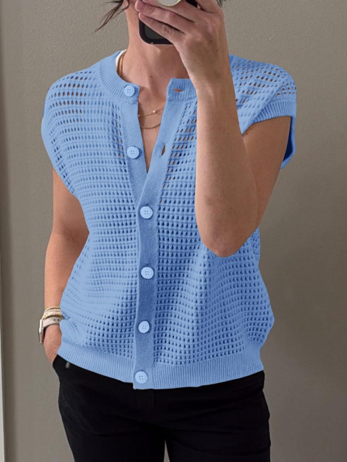 image:imageSaodimallsu Womens Short Cap Sleeve Sweater Vest Crochet Button Down Cardigans Crew Neck Summer Knit TopsBlue