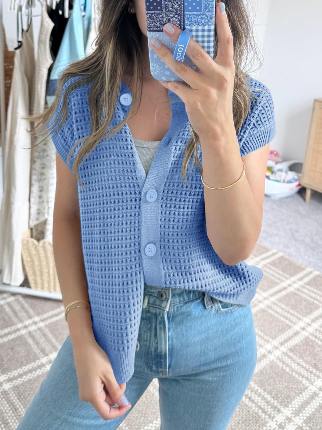 image:imageSaodimallsu Womens Short Cap Sleeve Sweater Vest Crochet Button Down Cardigans Crew Neck Summer Knit TopsBlue