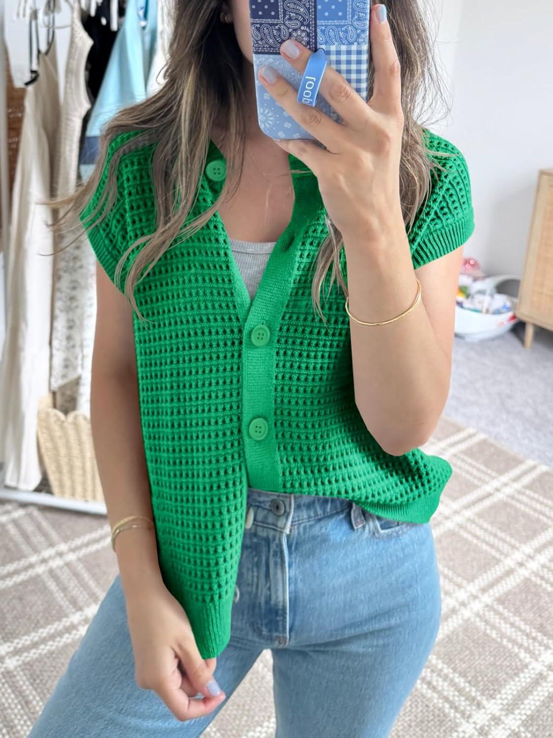 image:imageSaodimallsu Womens Short Cap Sleeve Sweater Vest Crochet Button Down Cardigans Crew Neck Summer Knit TopsGreen
