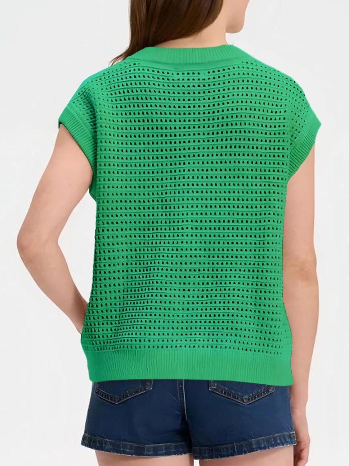 image:imageSaodimallsu Womens Short Cap Sleeve Sweater Vest Crochet Button Down Cardigans Crew Neck Summer Knit TopsGreen