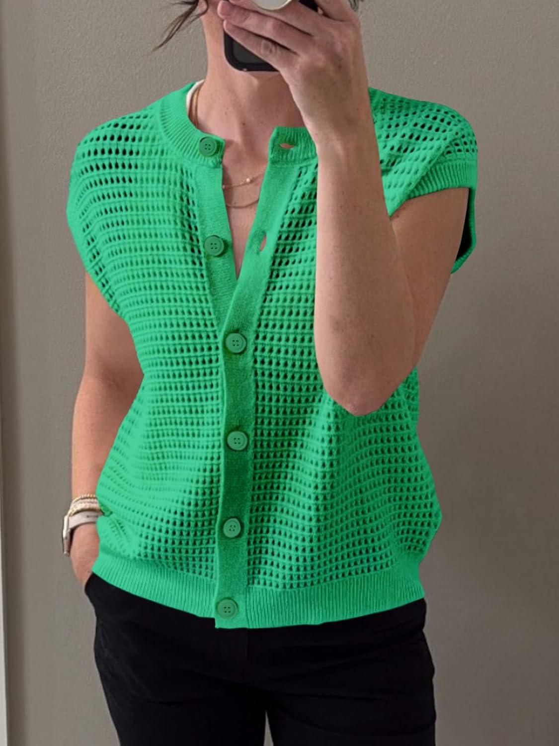 image:imageSaodimallsu Womens Short Cap Sleeve Sweater Vest Crochet Button Down Cardigans Crew Neck Summer Knit TopsGreen