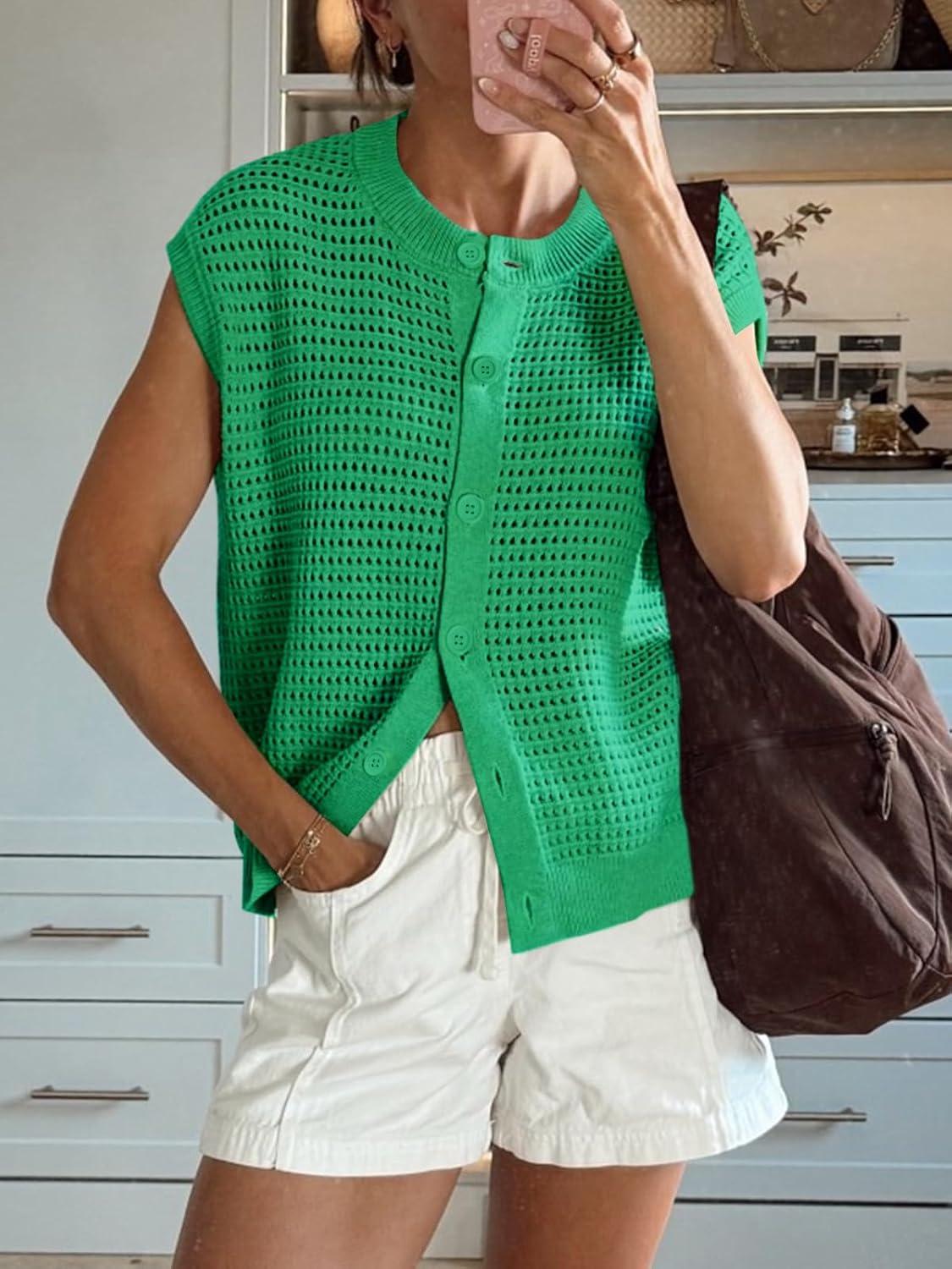 image:imageSaodimallsu Womens Short Cap Sleeve Sweater Vest Crochet Button Down Cardigans Crew Neck Summer Knit TopsGreen
