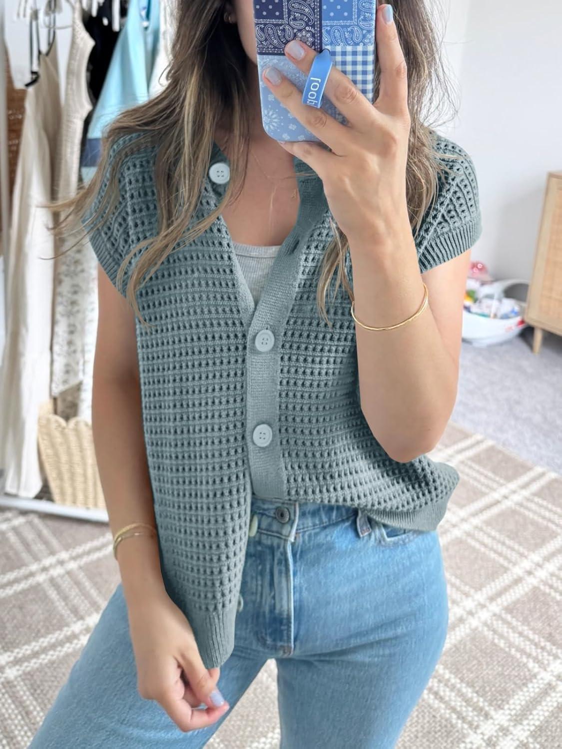 image:imageSaodimallsu Womens Short Cap Sleeve Sweater Vest Crochet Button Down Cardigans Crew Neck Summer Knit TopsGrey Blue