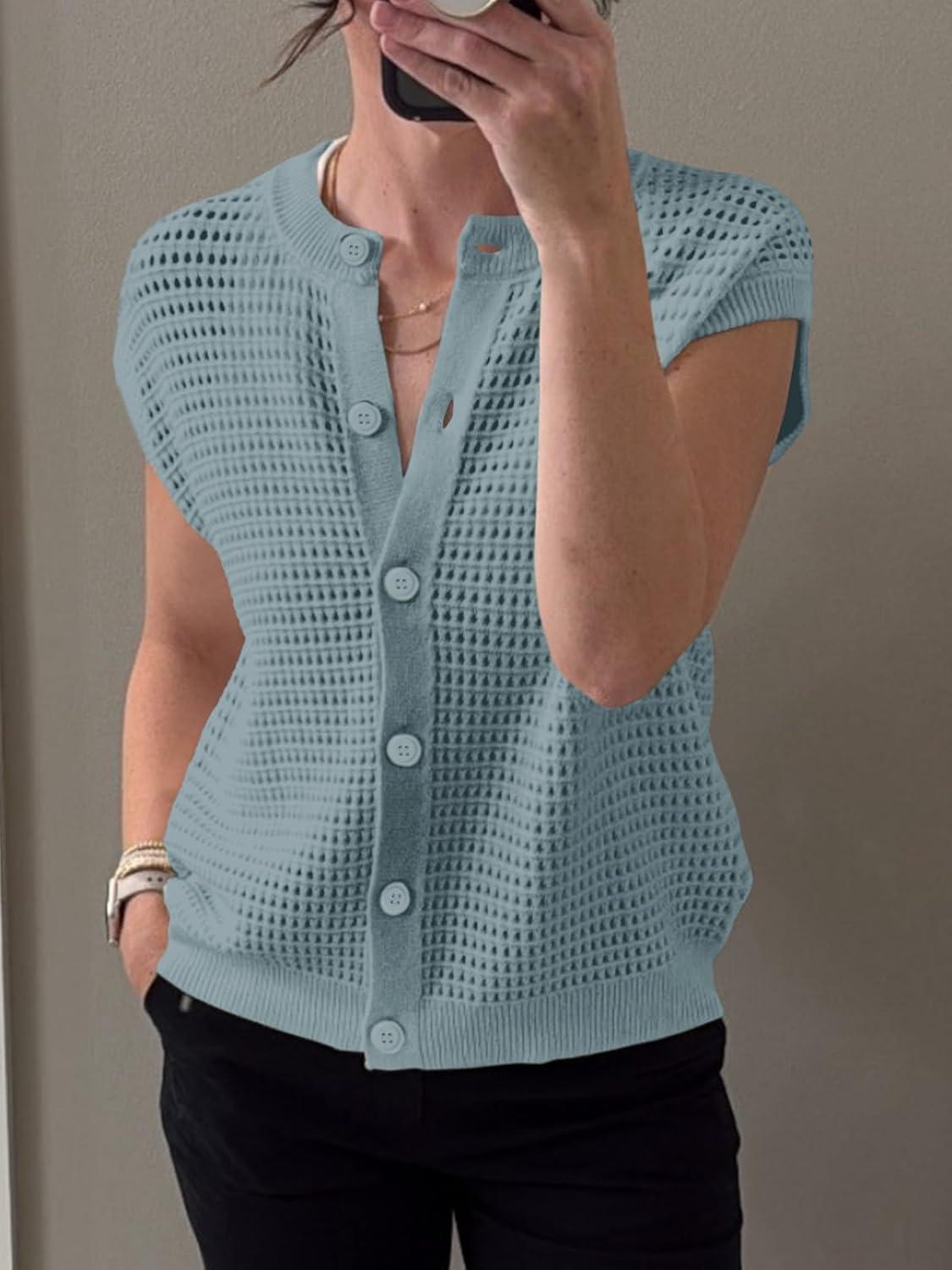 image:imageSaodimallsu Womens Short Cap Sleeve Sweater Vest Crochet Button Down Cardigans Crew Neck Summer Knit TopsGrey Blue