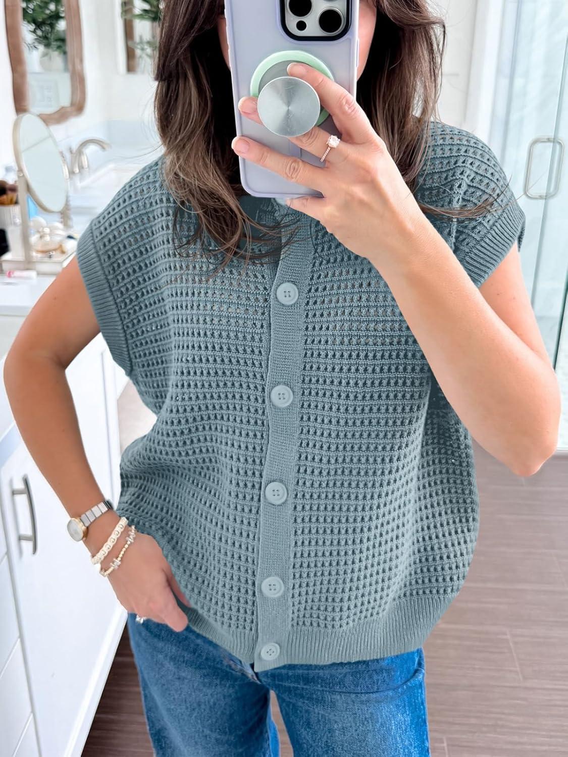 image:imageSaodimallsu Womens Short Cap Sleeve Sweater Vest Crochet Button Down Cardigans Crew Neck Summer Knit TopsGrey Blue