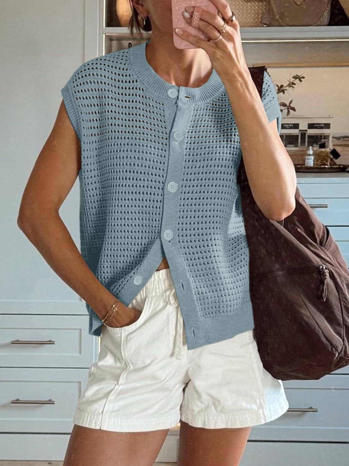 image:imageSaodimallsu Womens Short Cap Sleeve Sweater Vest Crochet Button Down Cardigans Crew Neck Summer Knit TopsGrey Blue