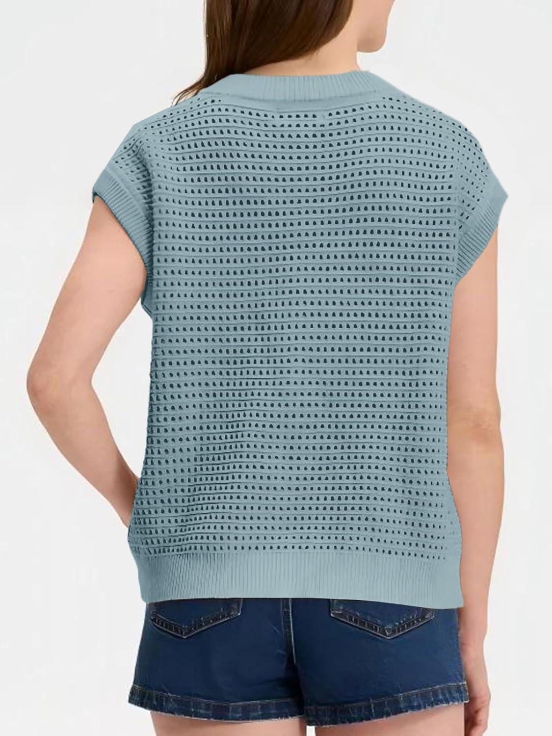 image:imageSaodimallsu Womens Short Cap Sleeve Sweater Vest Crochet Button Down Cardigans Crew Neck Summer Knit TopsGrey Blue
