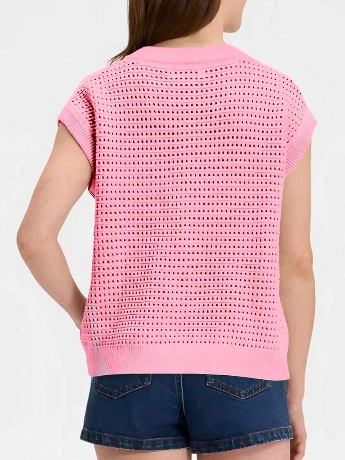 image:imageSaodimallsu Womens Short Cap Sleeve Sweater Vest Crochet Button Down Cardigans Crew Neck Summer Knit TopsPink