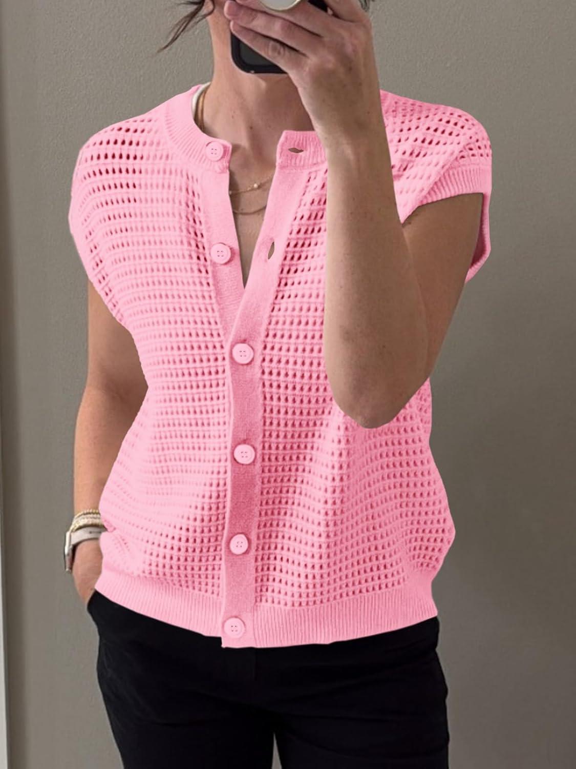image:imageSaodimallsu Womens Short Cap Sleeve Sweater Vest Crochet Button Down Cardigans Crew Neck Summer Knit TopsPink