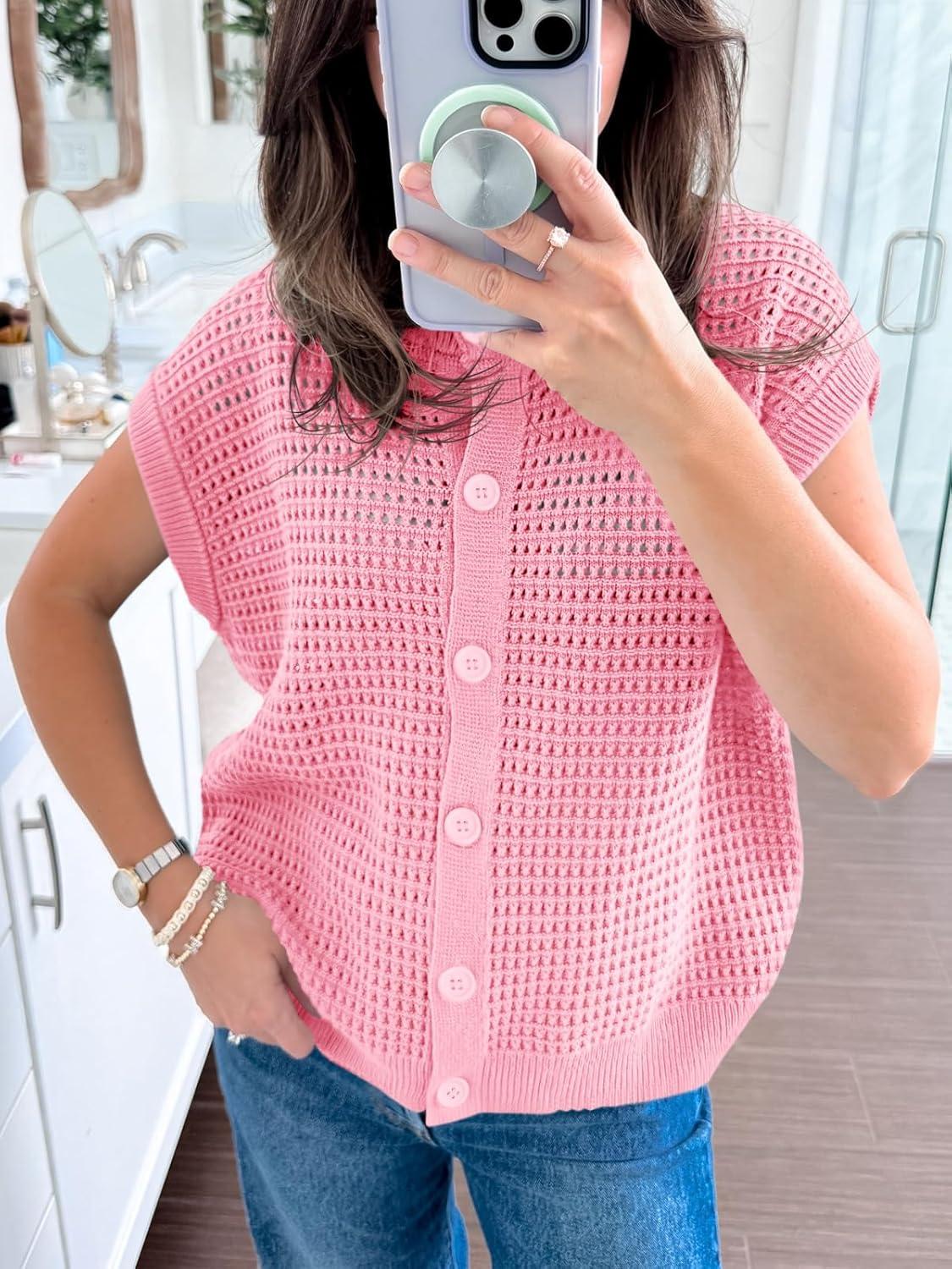 image:imageSaodimallsu Womens Short Cap Sleeve Sweater Vest Crochet Button Down Cardigans Crew Neck Summer Knit TopsPink