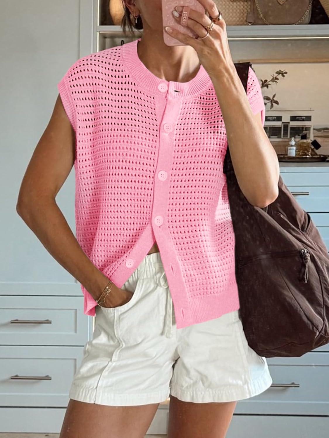 image:imageSaodimallsu Womens Short Cap Sleeve Sweater Vest Crochet Button Down Cardigans Crew Neck Summer Knit TopsPink