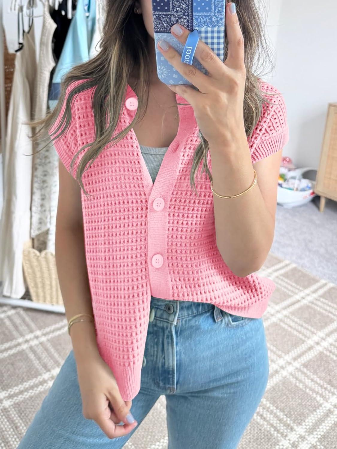 image:imageSaodimallsu Womens Short Cap Sleeve Sweater Vest Crochet Button Down Cardigans Crew Neck Summer Knit TopsPink