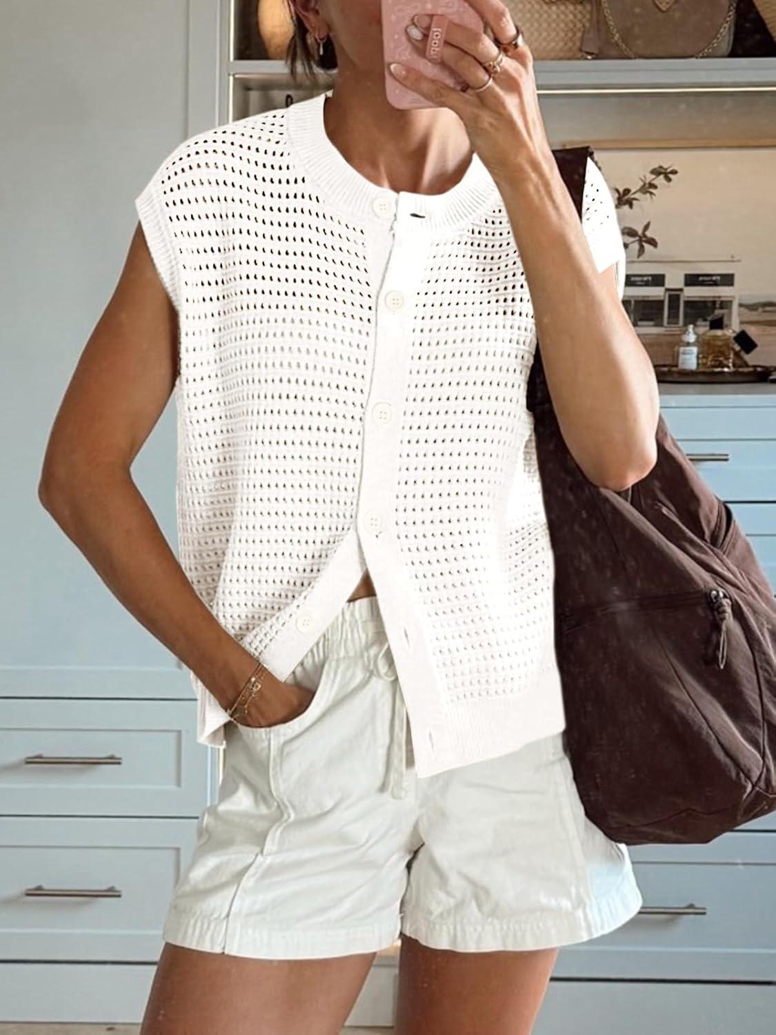 image:imageSaodimallsu Womens Short Cap Sleeve Sweater Vest Crochet Button Down Cardigans Crew Neck Summer Knit TopsWhite