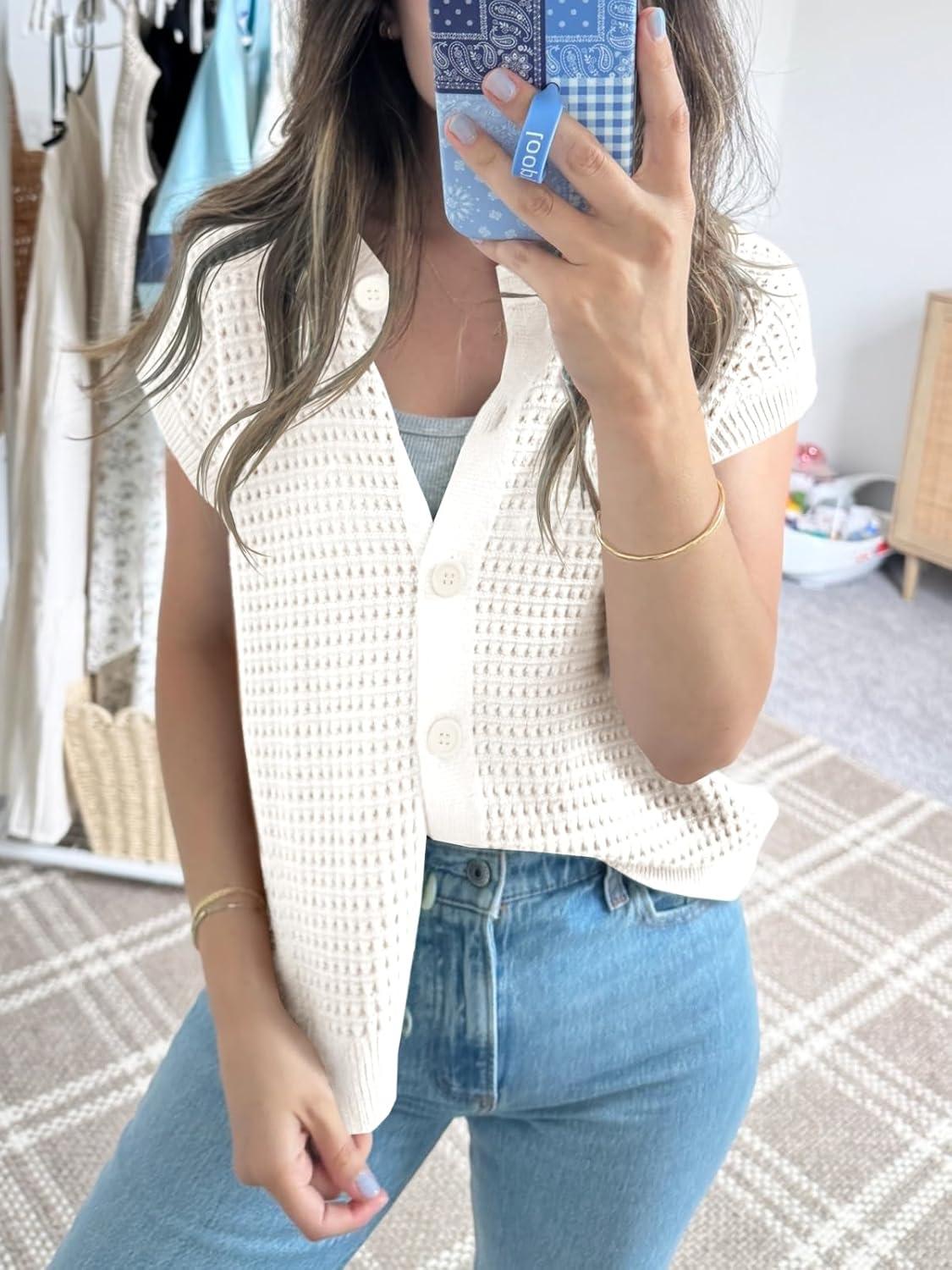 image:imageSaodimallsu Womens Short Cap Sleeve Sweater Vest Crochet Button Down Cardigans Crew Neck Summer Knit TopsWhite