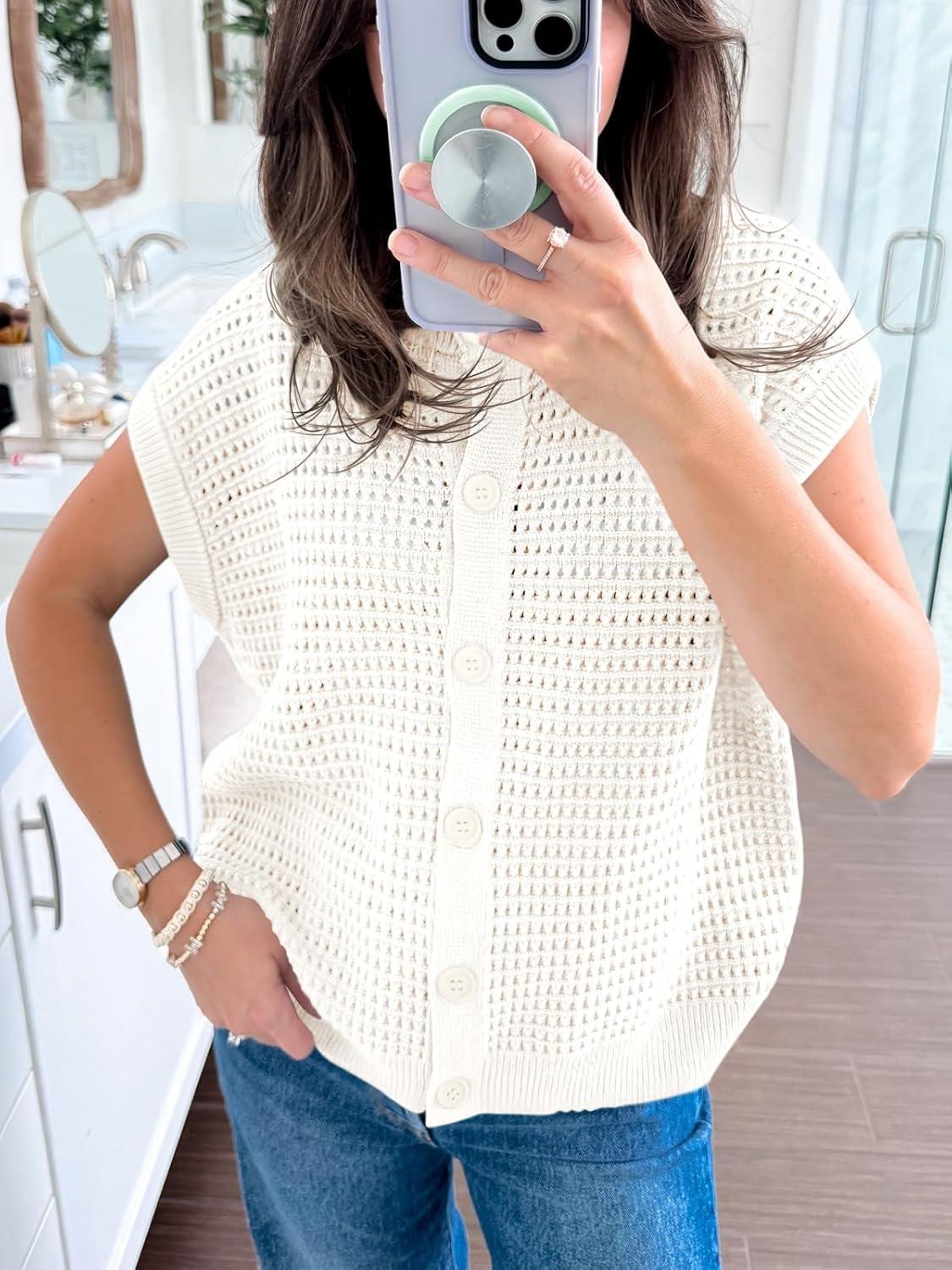 image:imageSaodimallsu Womens Short Cap Sleeve Sweater Vest Crochet Button Down Cardigans Crew Neck Summer Knit TopsWhite