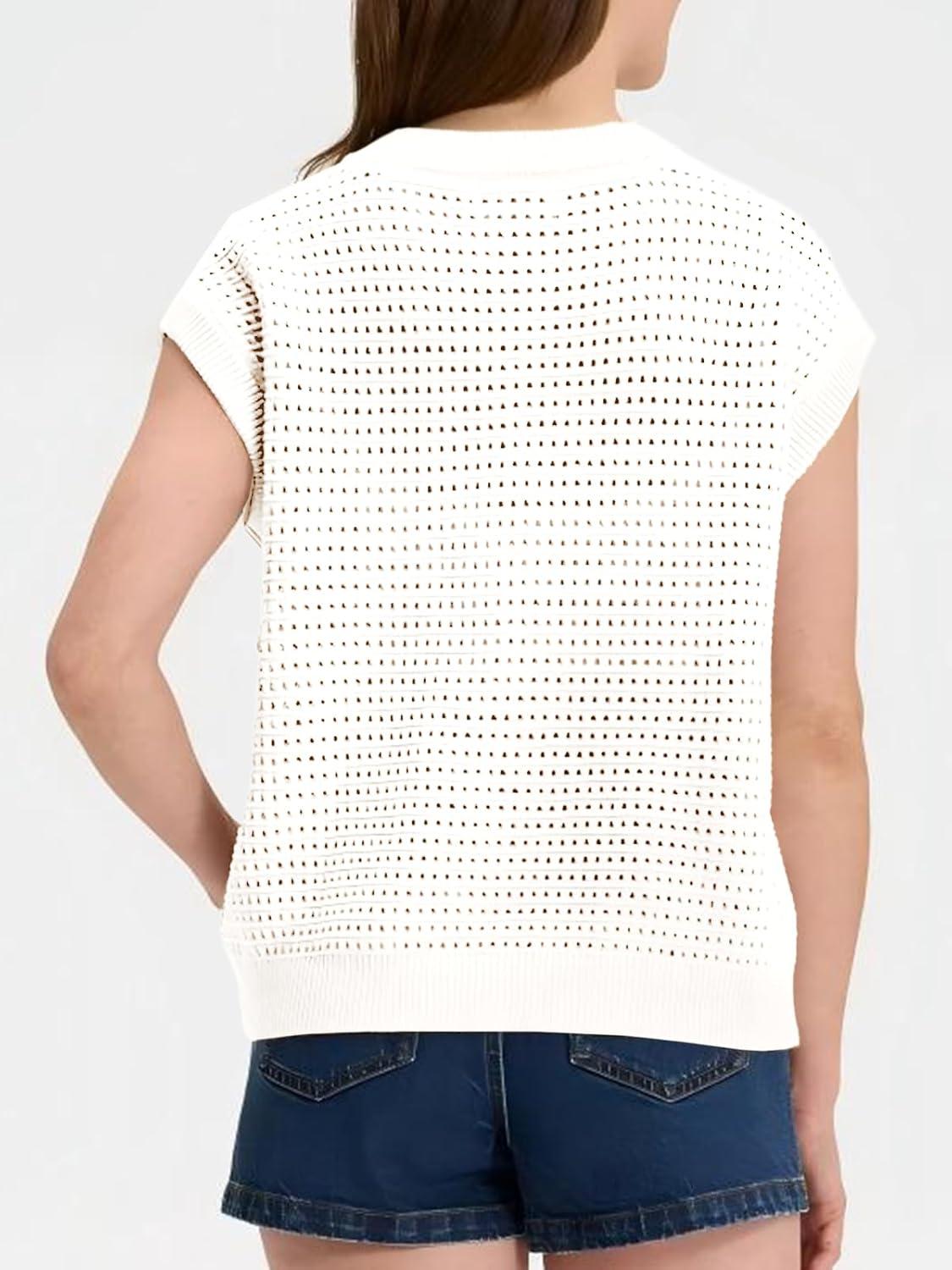 image:imageSaodimallsu Womens Short Cap Sleeve Sweater Vest Crochet Button Down Cardigans Crew Neck Summer Knit TopsWhite