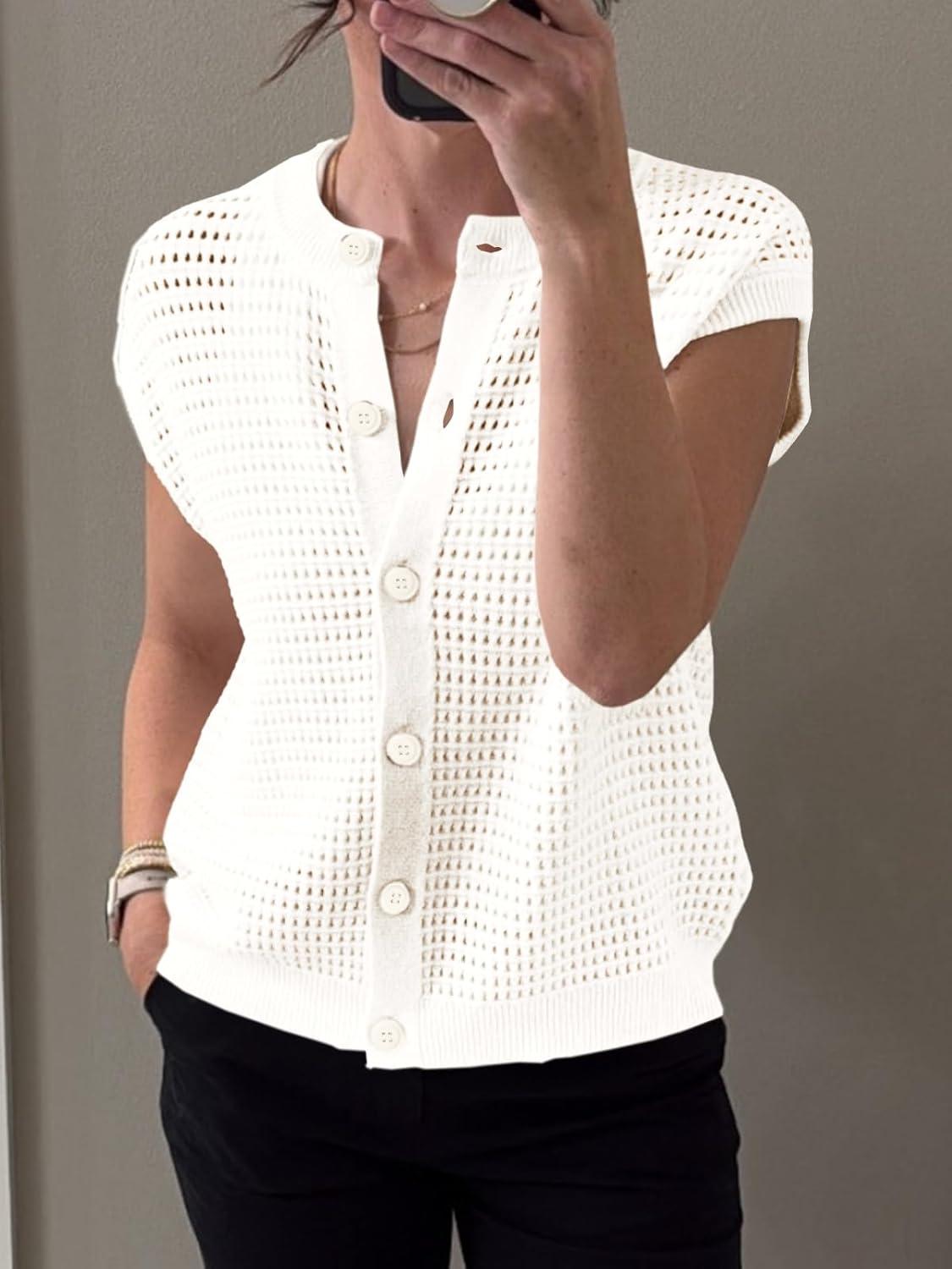 image:imageSaodimallsu Womens Short Cap Sleeve Sweater Vest Crochet Button Down Cardigans Crew Neck Summer Knit TopsWhite