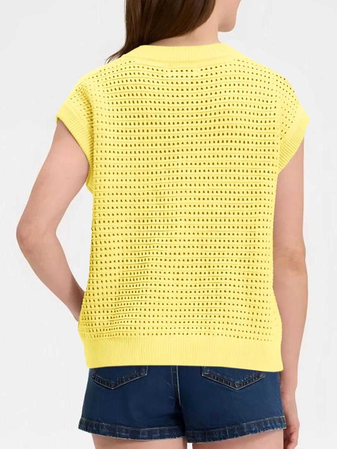 image:imageSaodimallsu Womens Short Cap Sleeve Sweater Vest Crochet Button Down Cardigans Crew Neck Summer Knit TopsYellow