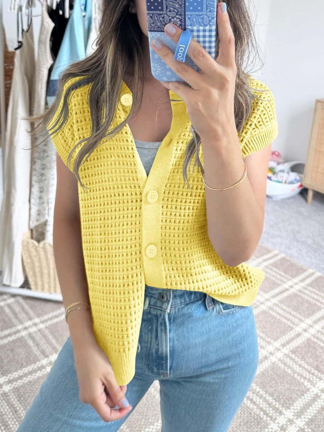 image:imageSaodimallsu Womens Short Cap Sleeve Sweater Vest Crochet Button Down Cardigans Crew Neck Summer Knit TopsYellow