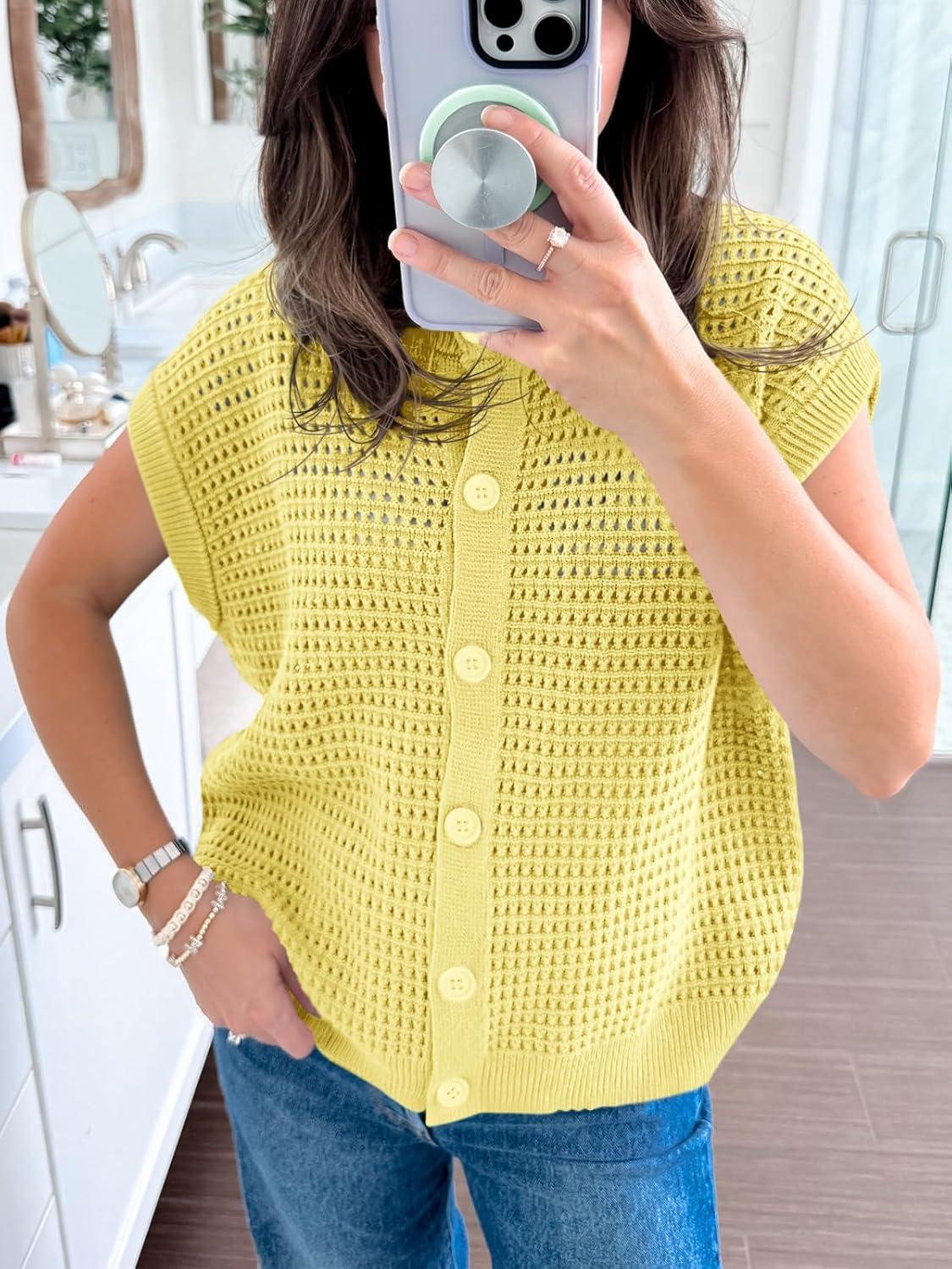 image:imageSaodimallsu Womens Short Cap Sleeve Sweater Vest Crochet Button Down Cardigans Crew Neck Summer Knit TopsYellow