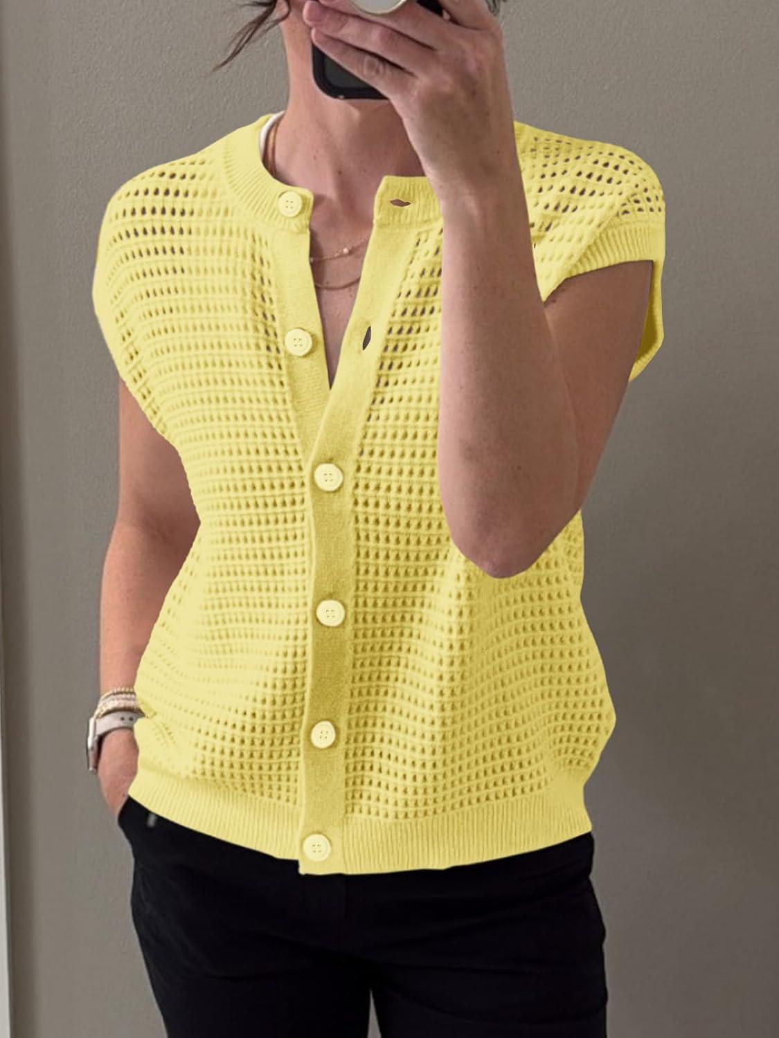 image:imageSaodimallsu Womens Short Cap Sleeve Sweater Vest Crochet Button Down Cardigans Crew Neck Summer Knit TopsYellow