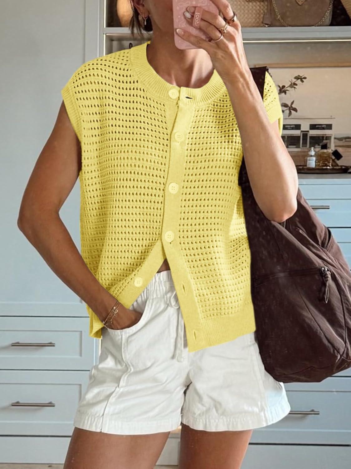 image:imageSaodimallsu Womens Short Cap Sleeve Sweater Vest Crochet Button Down Cardigans Crew Neck Summer Knit TopsYellow