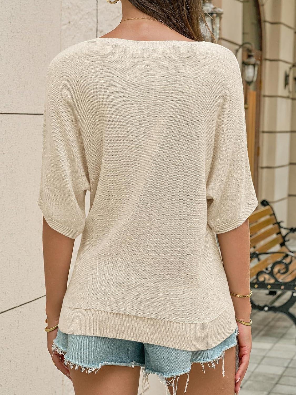 image:imageSaodimallsu Womens Short Sleeve Sweater Summer Batwing Trendy Casual Boat Neck Lightweight Loose Fitting Knit TopsApricot