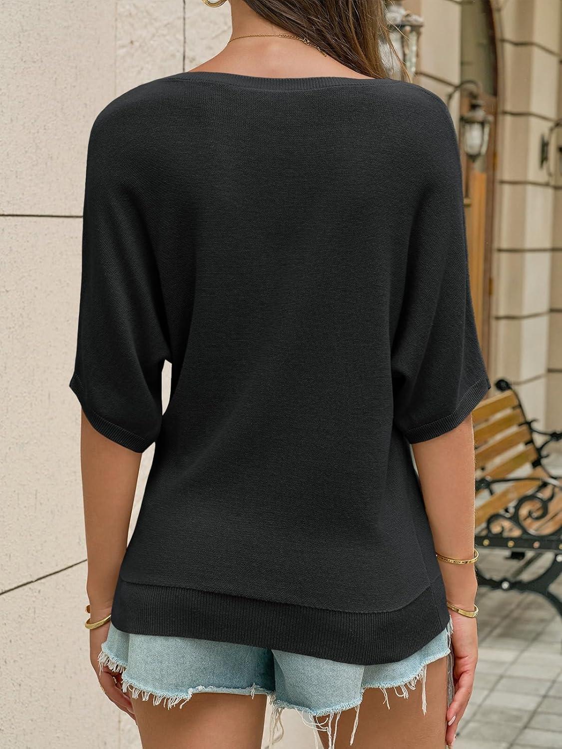 image:imageSaodimallsu Womens Short Sleeve Sweater Summer Batwing Trendy Casual Boat Neck Lightweight Loose Fitting Knit TopsBlack