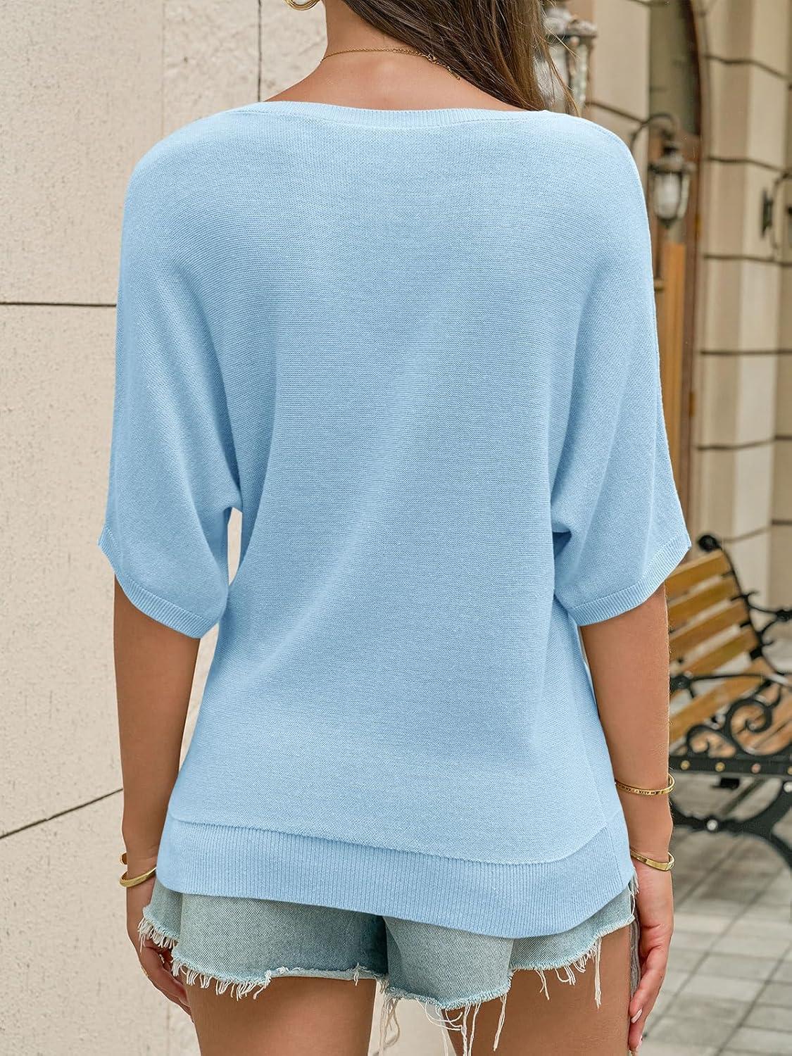 image:imageSaodimallsu Womens Short Sleeve Sweater Summer Batwing Trendy Casual Boat Neck Lightweight Loose Fitting Knit TopsBlue
