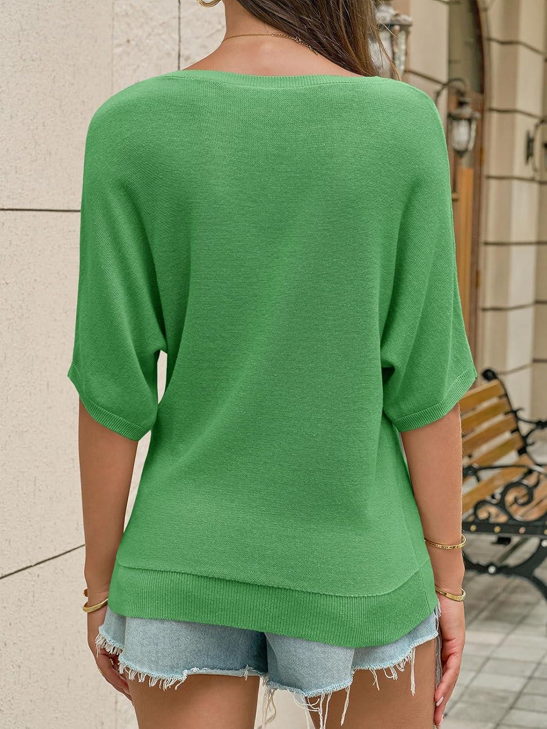 image:imageSaodimallsu Womens Short Sleeve Sweater Summer Batwing Trendy Casual Boat Neck Lightweight Loose Fitting Knit TopsGreen