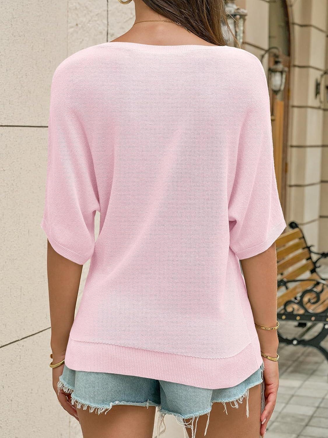 image:imageSaodimallsu Womens Short Sleeve Sweater Summer Batwing Trendy Casual Boat Neck Lightweight Loose Fitting Knit TopsPink