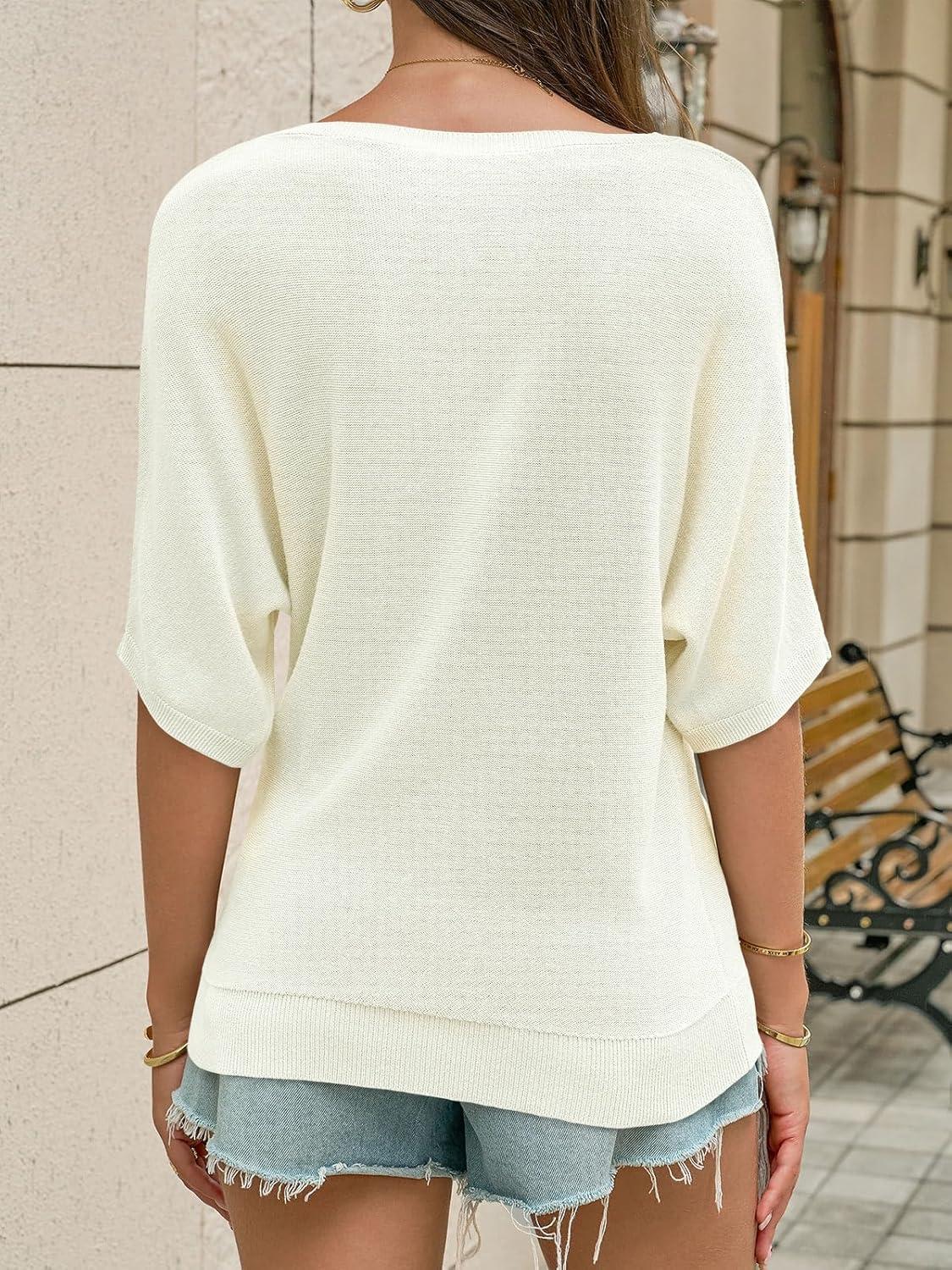 image:imageSaodimallsu Womens Short Sleeve Sweater Summer Batwing Trendy Casual Boat Neck Lightweight Loose Fitting Knit TopsWhite